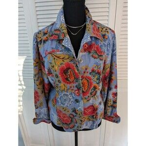 Coldwater Creek Linen Jacket Women's PXL Blue Floral Petite Cottage Core Hippie